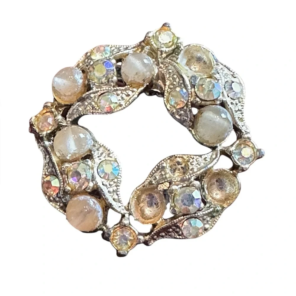 Vintage Gold Bead and Rhinestone Round Brooch Pin